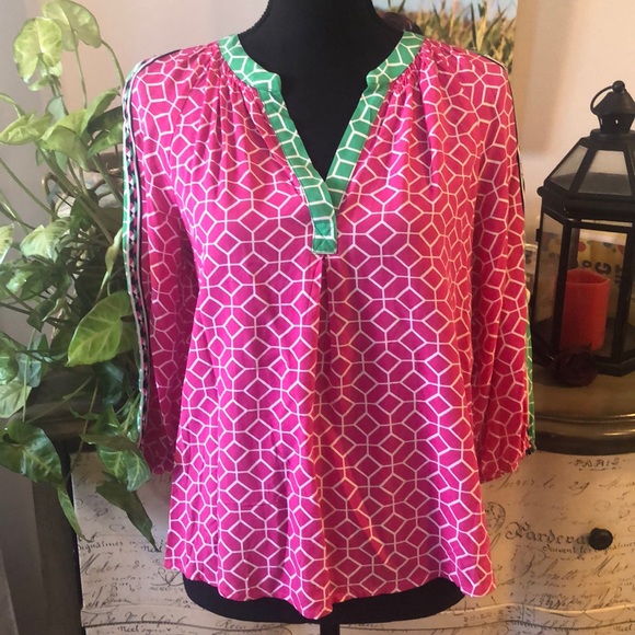 🔴 CROWN & IVY LONG SLEEVE GEOMETRIC PRINT BLOUSE PINK WHITE GREEN SIZE PS - Picture 6 of 14